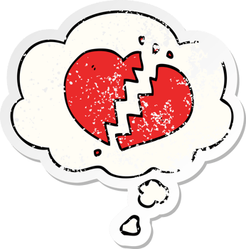 cartoon broken heart and thought bubble as a distressed worn sticker png
