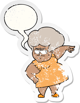 cartoon angry old woman and speech bubble distressed sticker png