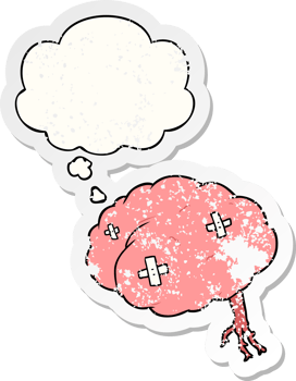 cartoon injured brain and thought bubble as a distressed worn sticker png
