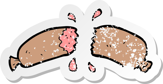 retro distressed sticker of a cartoon sausage png
