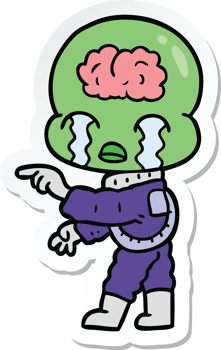 sticker of a cartoon big brain alien crying and pointing png