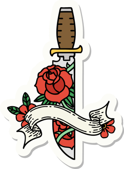 tattoo sticker with banner of a dagger and flowers png