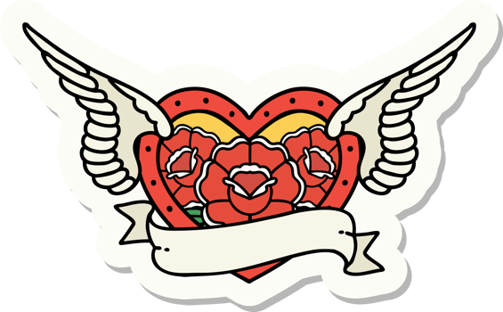 tattoo style sticker of a flying heart with flowers and banner png