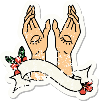 grunge sticker with banner of mystic hands png