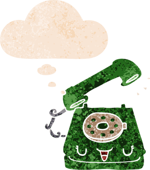 cute cartoon telephone and thought bubble in retro textured style png
