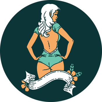 tattoo style icon of a pinup swimsuit girl with banner png