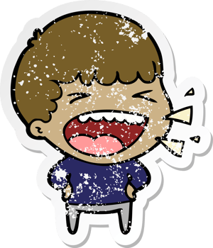 distressed sticker of a cartoon laughing man png