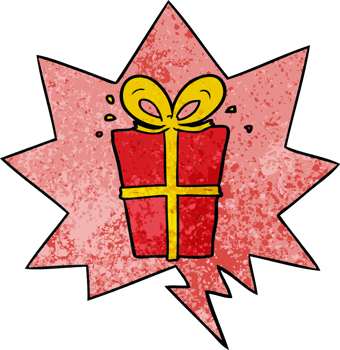 cartoon wrapped gift and speech bubble in retro texture style png