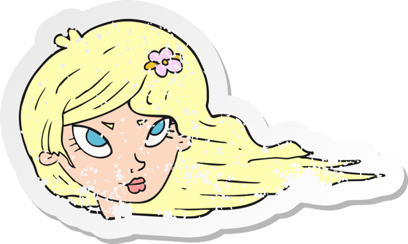 retro distressed sticker of a cartoon woman with blowing hair png