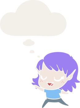 carton happy elf girl dancing with thought bubble in retro style png