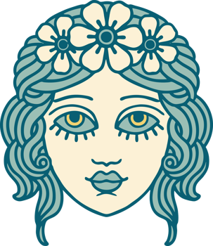 iconic tattoo style image of female face with crown of flowers png