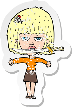 retro distressed sticker of a cartoon woman with knife between teeth drawing png