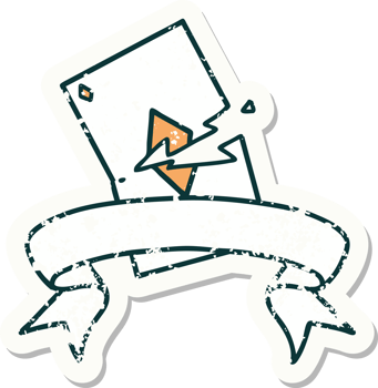 worn old sticker with banner of a torn card png