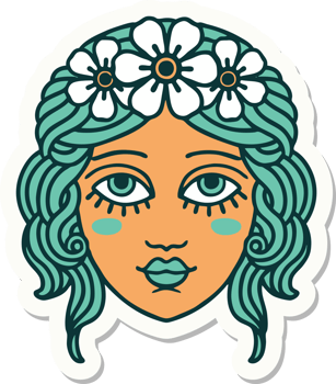 sticker of tattoo in traditional style of female face with crown of flowers png