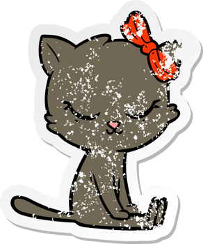 distressed sticker of a cute cartoon cat with bow png