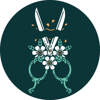 iconic tattoo style image of barber scissors and flowers png