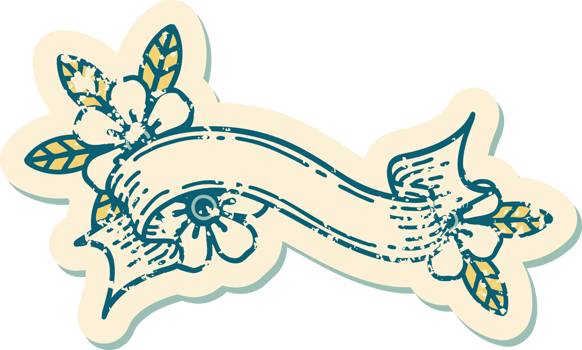 iconic distressed sticker tattoo style image of a banner and flowers png