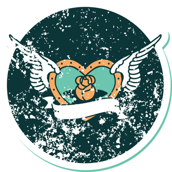 iconic distressed sticker tattoo style image of a flying heart with flowers and banner png