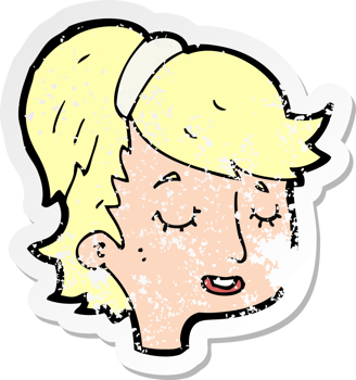 retro distressed sticker of a cartoon pretty female face drawing png