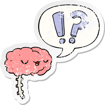 cartoon curious brain with speech bubble distressed distressed old sticker png