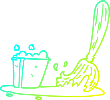 cold gradient line drawing of a cartoon bucket and mop png