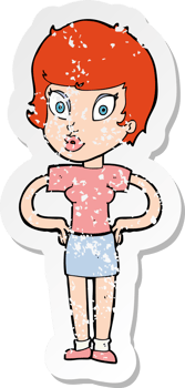 retro distressed sticker of a cartoon woman with hands on hips png