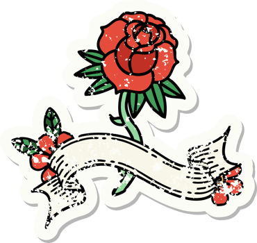 worn old sticker with banner of a rose png