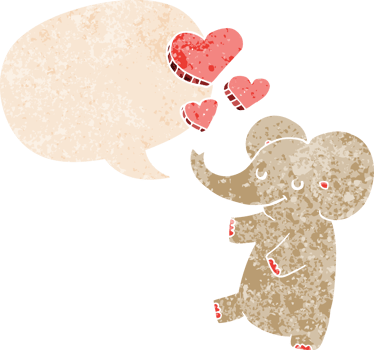 cartoon elephant with love hearts with speech bubble in grunge distressed retro textured style png