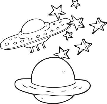 black and white cartoon flying saucer and planet png