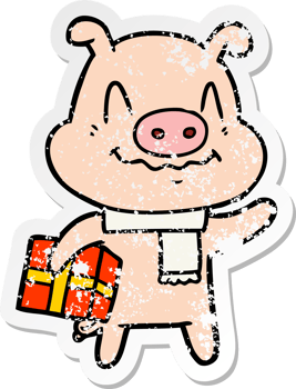 distressed sticker of a nervous cartoon pig with present png