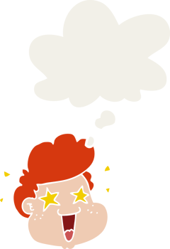 cartoon boy's face with thought bubble in retro style png
