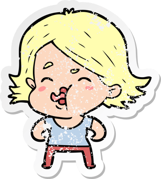 distressed sticker of a cartoon girl pulling face png