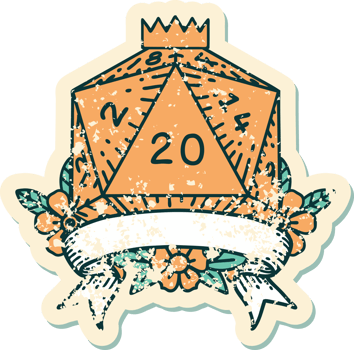 Retro Tattoo Style natural 20 critical hit D20 dice roll png