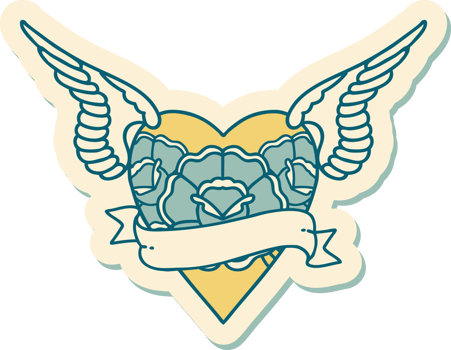 sticker of tattoo in traditional style of heart with wings flowers and banner png