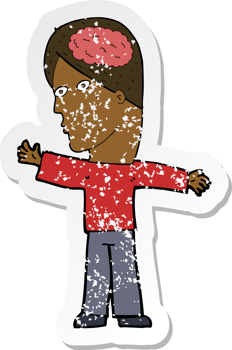 retro distressed sticker of a cartoon man with brain png