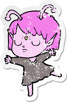 distressed sticker of a cartoon alien girl png
