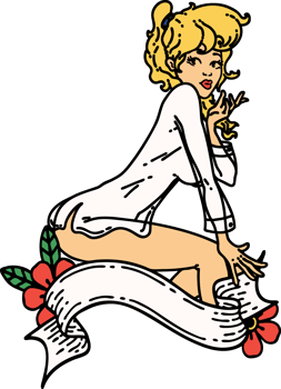 tattoo in traditional style of a pinup girl wearing a shirt with banner png