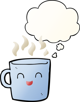 cute coffee cup cartoon with thought bubble in smooth gradient style png
