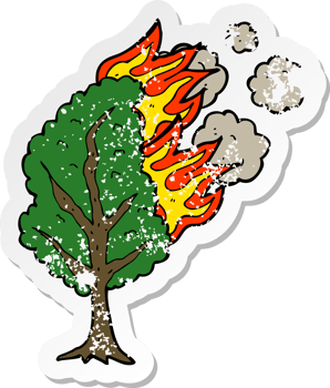 retro distressed sticker of a cartoon burning tree png