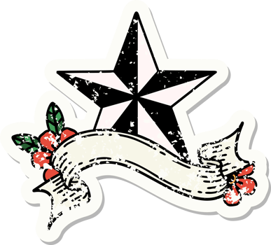 worn old sticker with banner of a star png