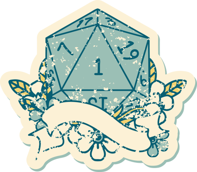 Retro Tattoo Style natural one d20 dice roll png