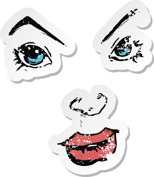 retro distressed sticker of a cartoon comic book face png
