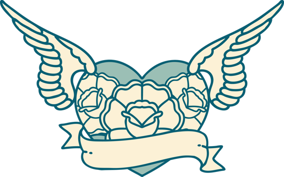 iconic tattoo style image of a flying heart with flowers and banner png
