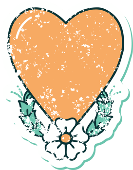 iconic distressed sticker tattoo style image of a heart and flower png