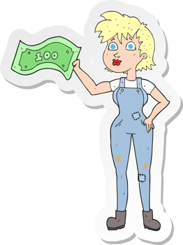 sticker of a cartoon confident farmer woman with money png