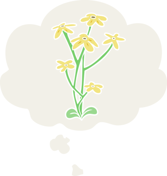 cartoon flower with thought bubble in retro style png