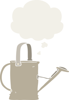 cartoon watering can with thought bubble in retro style png