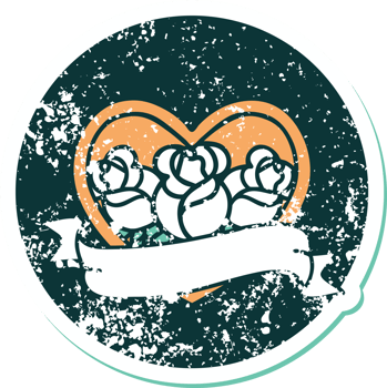 iconic distressed sticker tattoo style image of a heart and banner with flowers png