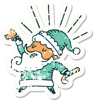 worn old sticker of a tattoo style santa claus christmas character celebrating png