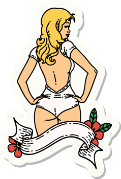 sticker of tattoo in traditional style of a pinup swimsuit girl with banner png